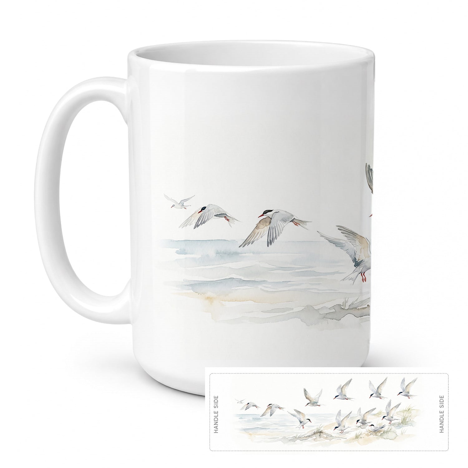 Terns Over the Water Ceramic Coffee Mug 15 oz Decorative Large C Handle Mug Cup for Tea, Cocoa Hot Chocolate