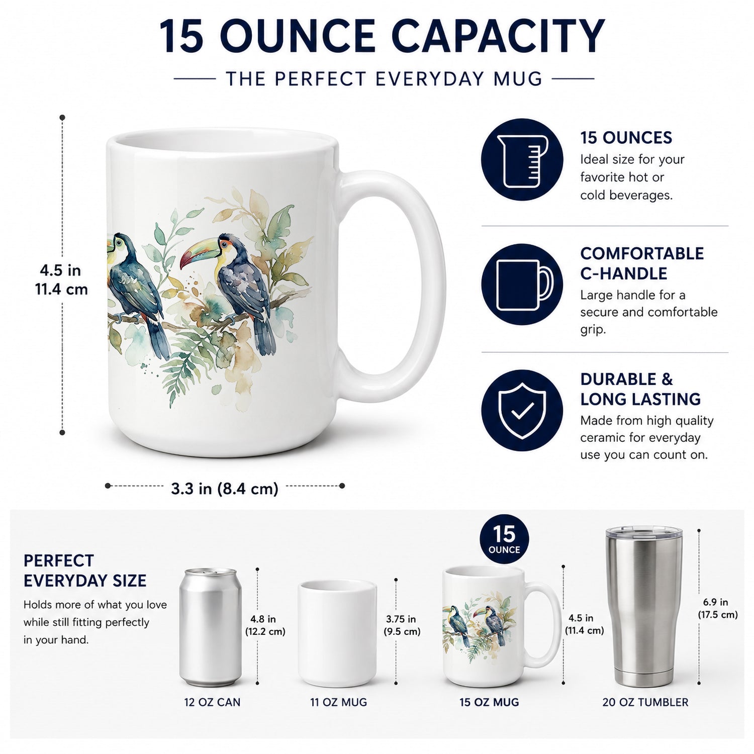 Tropical Toucans Ceramic Coffee Mug 15 oz Decorative Large C Handle Mug Cup for Tea, Cocoa Hot Chocolate