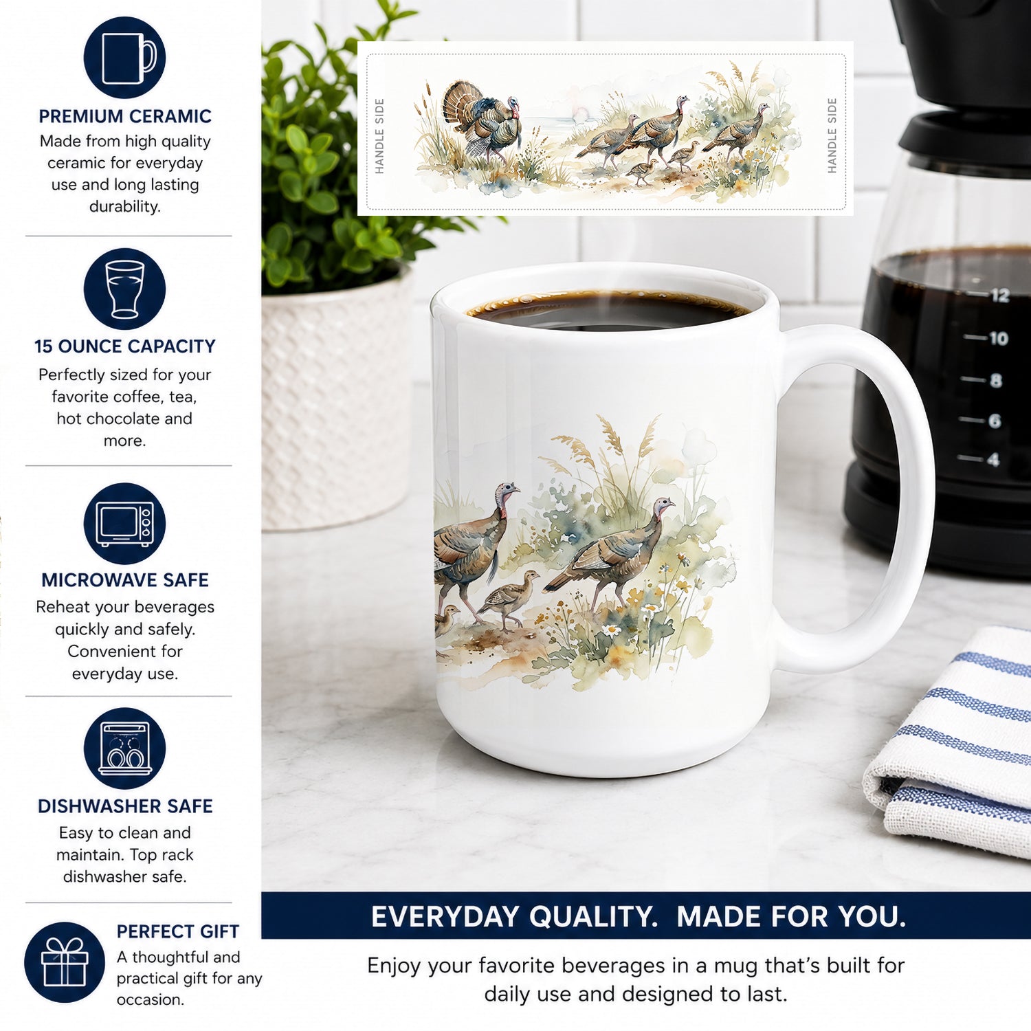 Wild Turkeys Ceramic Coffee Mug 15 oz Decorative Large C Handle Mug Cup for Tea, Cocoa Hot Chocolate