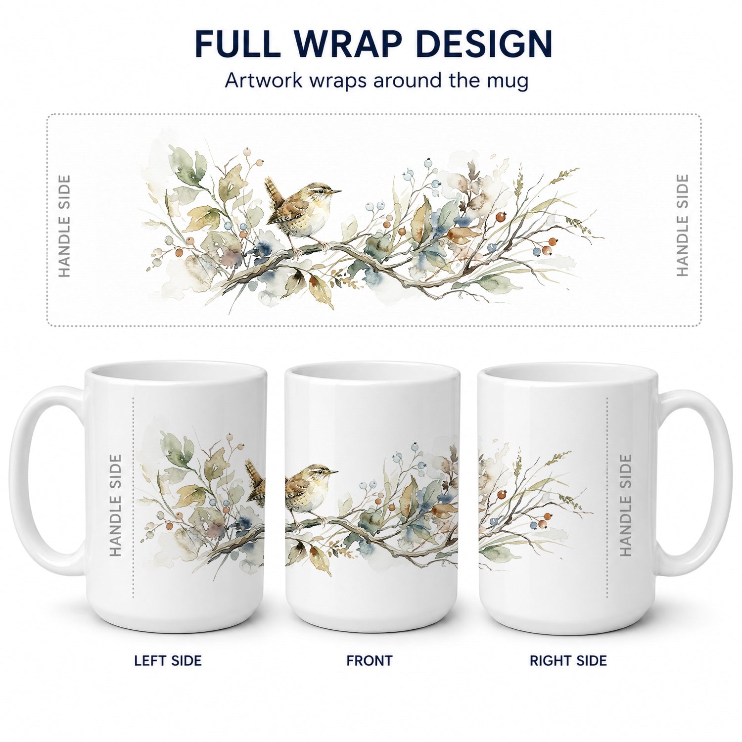 Garden Wren Ceramic Coffee Mug 15 oz Decorative Large C Handle Mug Cup for Tea, Cocoa Hot Chocolate