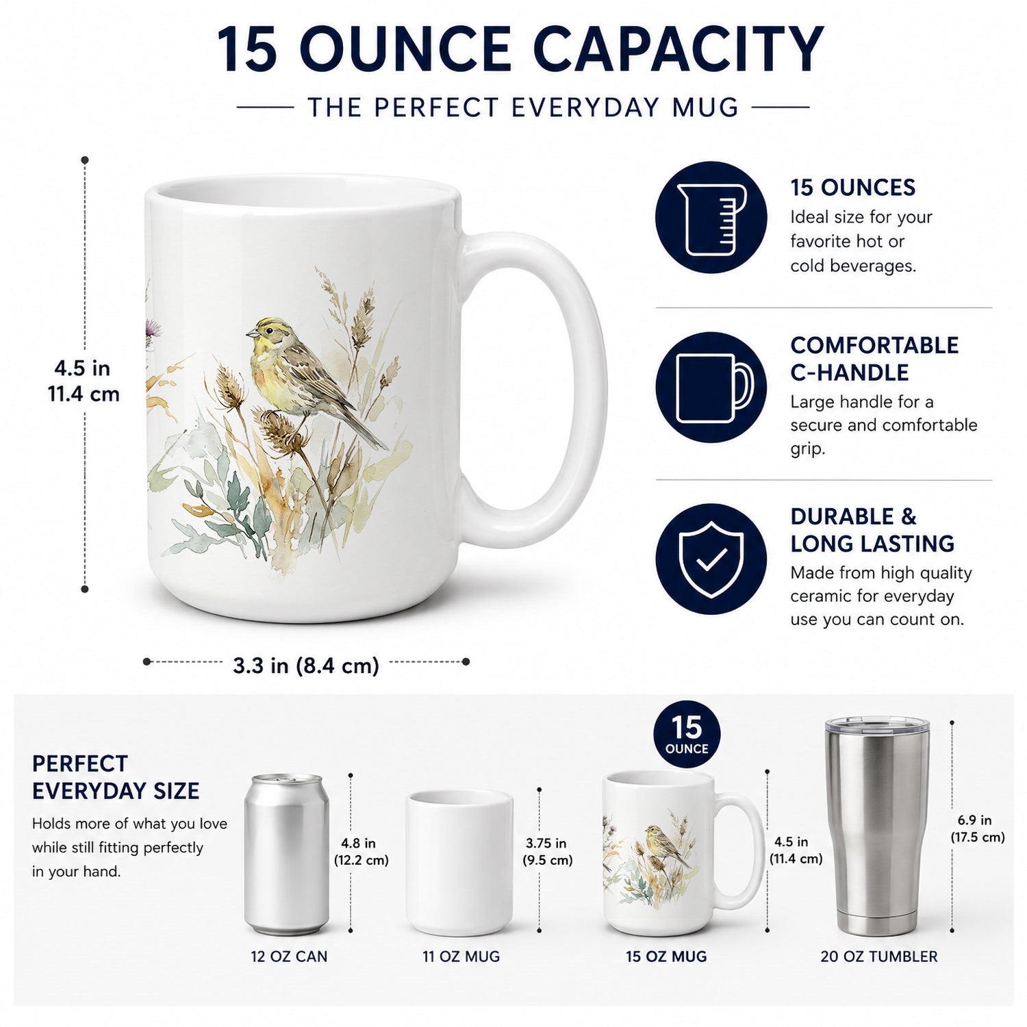 Golden Yellowhammers Ceramic Coffee Mug 15 oz Decorative Large C Handle Mug Cup for Tea, Cocoa Hot Chocolate