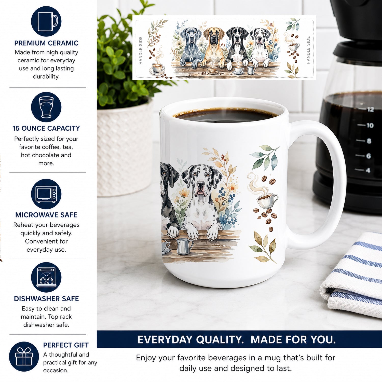 Great Danes Morning Coffee Ceramic Coffee Mug 15 oz Decorative Large C Handle Mug Cup for Tea, Cocoa Hot Chocolate
