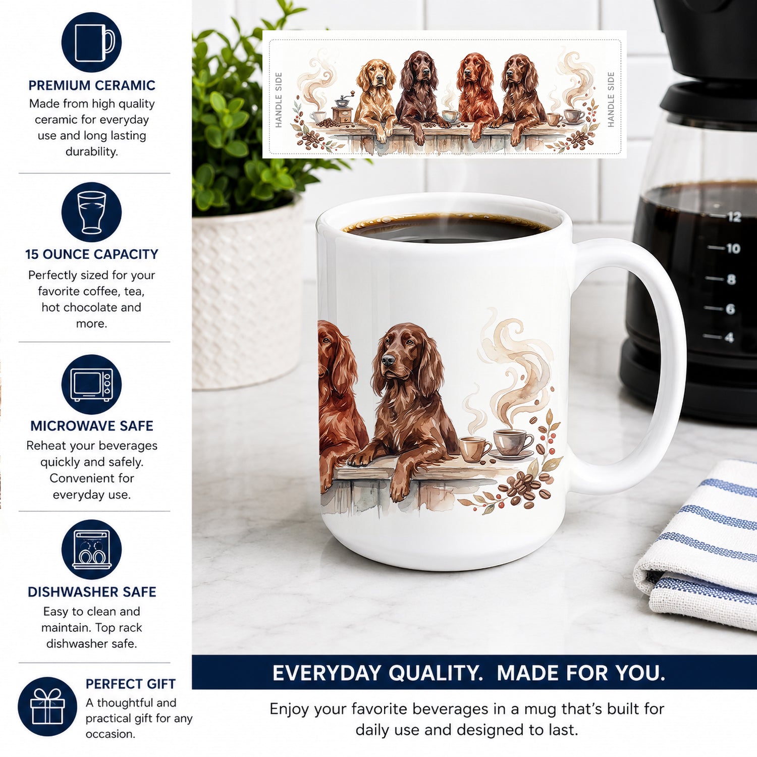 Irish Setters Morning Coffee Ceramic Coffee Mug 15 oz Decorative Large C Handle Mug Cup for Tea, Cocoa Hot Chocolate
