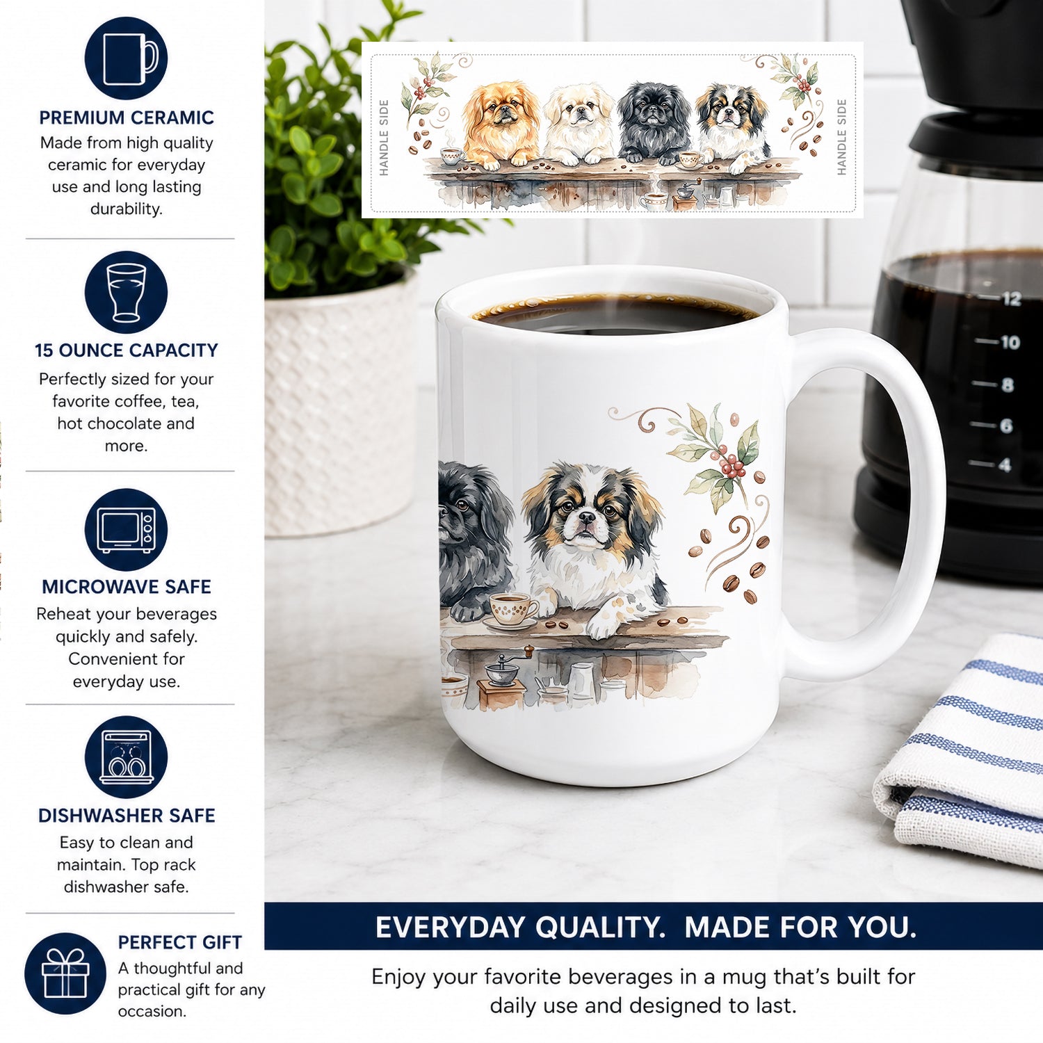 Pekingese Morning Coffee Ceramic Coffee Mug 15 oz Decorative Large C Handle Mug Cup for Tea, Cocoa Hot Chocolate