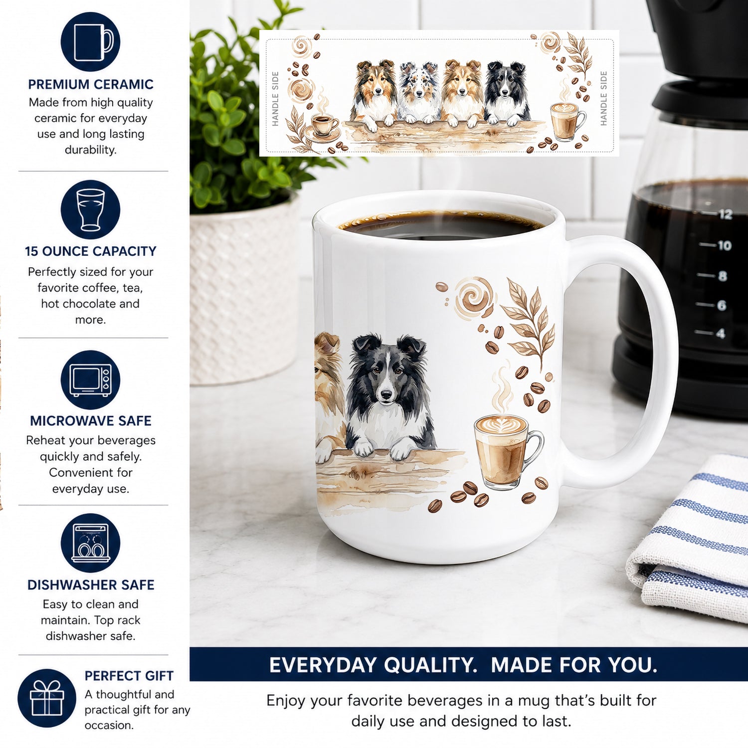 Sheltie Shetland Sheepdogs Morning Coffee Ceramic Coffee Mug 15 oz Decorative Large C Handle Mug Cup for Tea, Cocoa Hot Chocolate