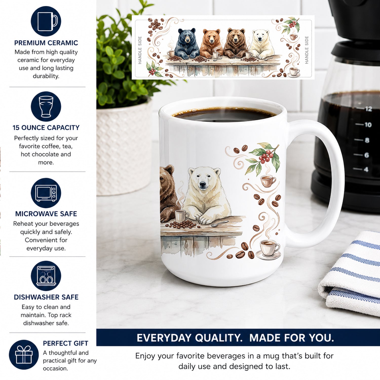 Bears Morning Coffee Ceramic Coffee Mug 15 oz Decorative Large C Handle Mug Cup for Tea, Cocoa Hot Chocolate