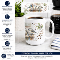 Chickadees Coffee Counter Morning Coffee Ceramic Coffee Mug 15 oz Decorative Large C Handle Mug Cup for Tea, Cocoa Hot Chocolate