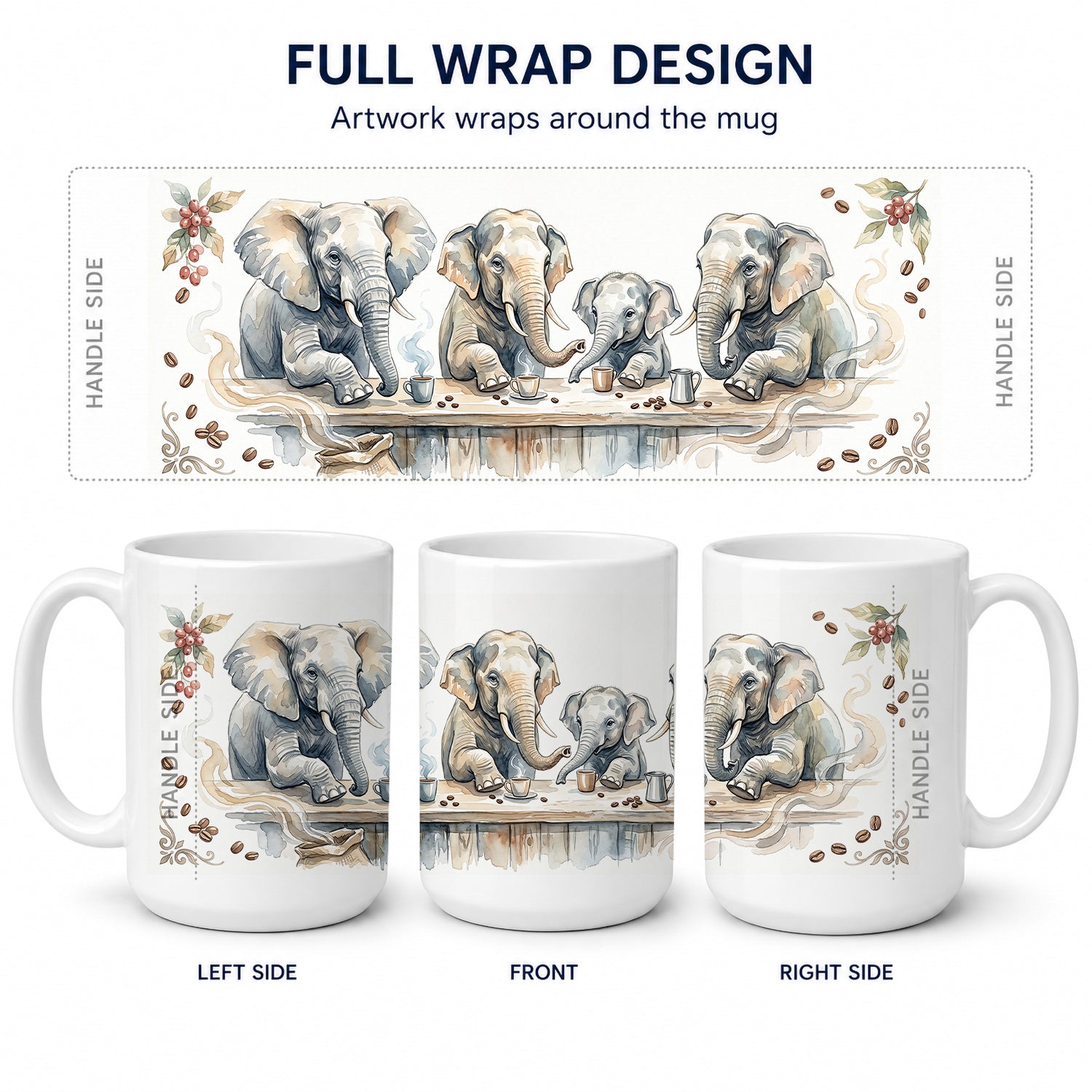 Elephants Morning Coffee Ceramic Coffee Mug 15 oz Decorative Large C Handle Mug Cup for Tea, Cocoa Hot Chocolate
