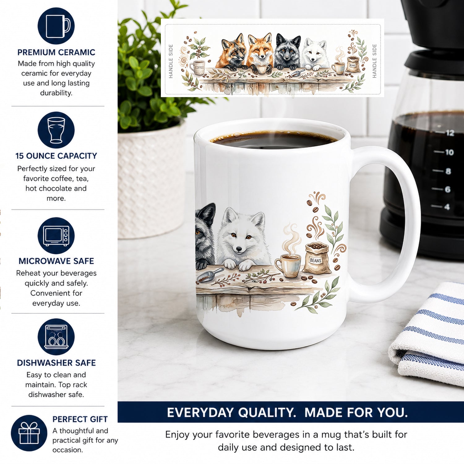 Foxes Morning Coffee Ceramic Coffee Mug 15 oz Decorative Large C Handle Mug Cup for Tea, Cocoa Hot Chocolate