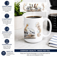 Pelicans Morning Coffee Ceramic Coffee Mug 15 oz Decorative Large C Handle Mug Cup for Tea, Cocoa Hot Chocolate