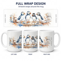 Puffins Morning Coffee Ceramic Coffee Mug 15 oz Decorative Large C Handle Mug Cup for Tea, Cocoa Hot Chocolate