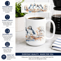 Puffins Morning Coffee Ceramic Coffee Mug 15 oz Decorative Large C Handle Mug Cup for Tea, Cocoa Hot Chocolate