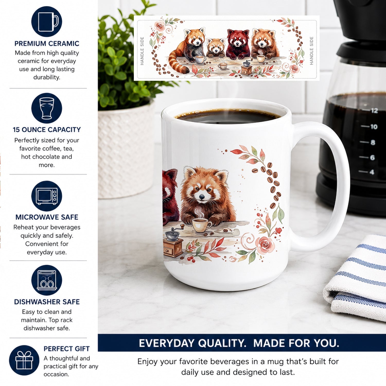 Red Pandas Morning Coffee Ceramic Coffee Mug 15 oz Decorative Large C Handle Mug Cup for Tea, Cocoa Hot Chocolate