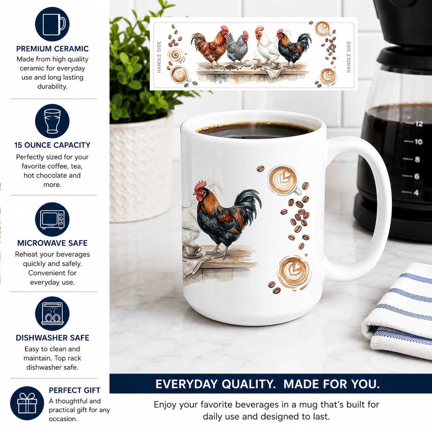 Roosters Morning Coffee Ceramic Coffee Mug 15 oz Decorative Large C Handle Mug Cup for Tea, Cocoa Hot Chocolate