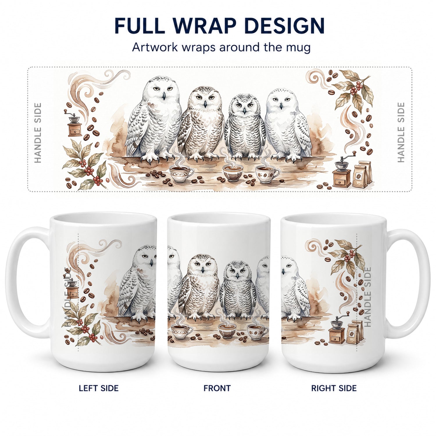 Snowy Owls Morning Coffee Ceramic Coffee Mug 15 oz Decorative Large C Handle Mug Cup for Tea, Cocoa Hot Chocolate