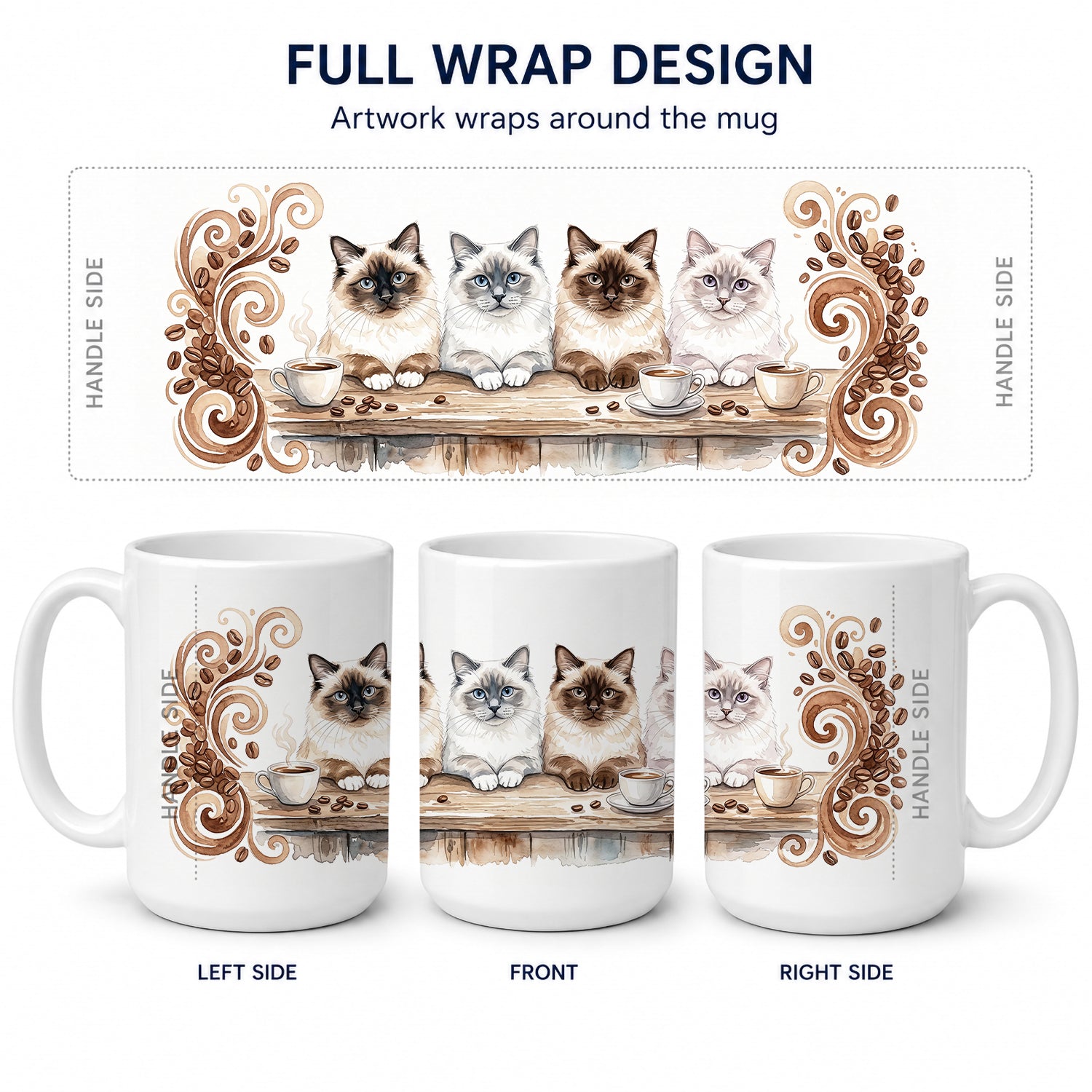 Birman Cats Morning Coffee Ceramic Coffee Mug 15 oz Decorative Large C Handle Mug Cup for Tea, Cocoa Hot Chocolate