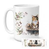 Calico Cats Morning Coffee Ceramic Coffee Mug 15 oz Decorative Large C Handle Mug Cup for Tea, Cocoa Hot Chocolate