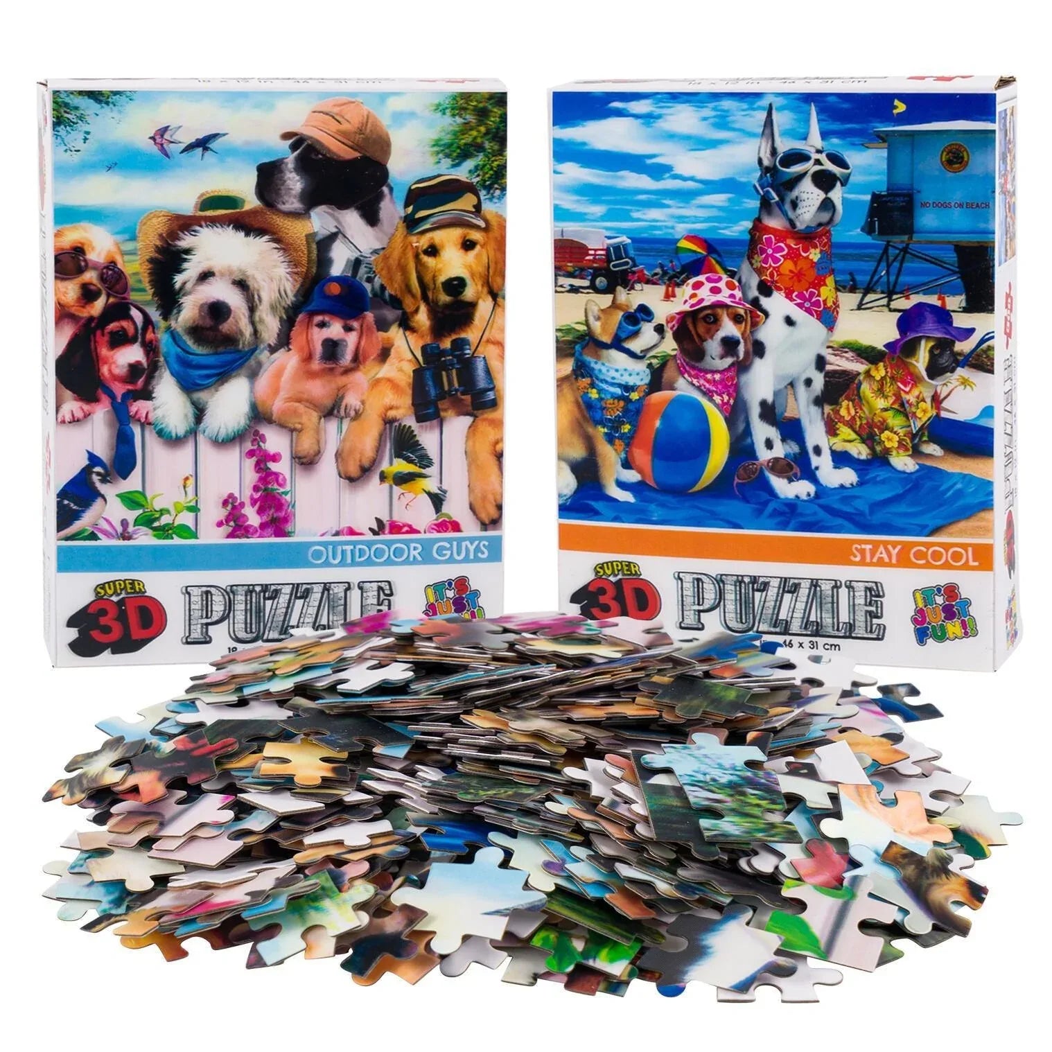 Fence Dogs & Beach Dogs Set of 2 300 Piece Lenticular Jigsaw Puzzles Prime 3D - BIG FRENCHIES