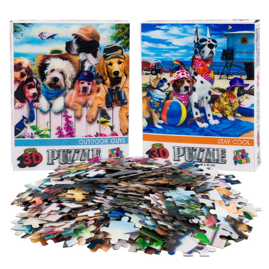 Fence Dogs & Beach Dogs Set of 2 300 Piece Lenticular Jigsaw Puzzles Prime 3D - BIG FRENCHIES