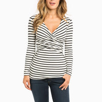 Women's Striped Long Sleeve V Neck Nursing T-Shirt - # BAGE211510104-NURSG