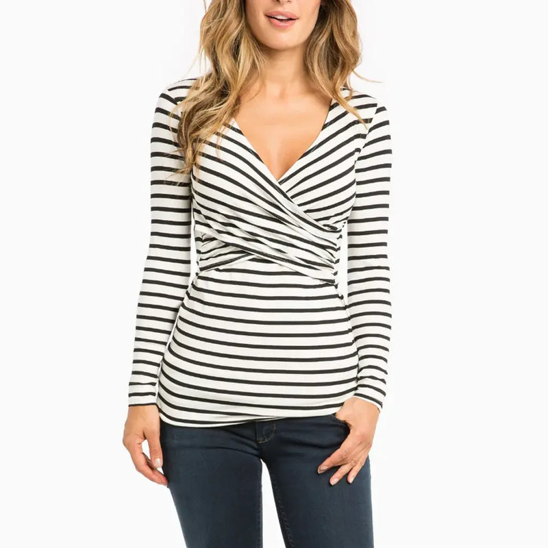 Women's Striped Long Sleeve V Neck Nursing T-Shirt - # BAGE211510104-NURSG - BIG FRENCHIES