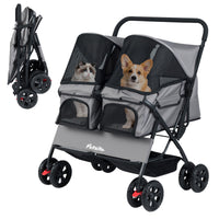 Foldable Double Pet Stroller with Adjustable Sunshade and Storage Basket