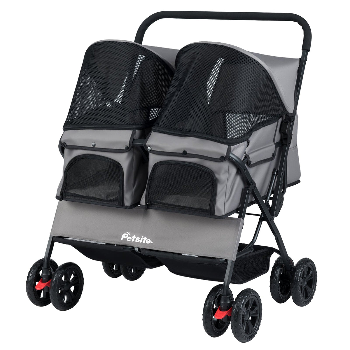 Foldable Double Pet Stroller with Adjustable Sunshade and Storage Basket