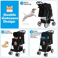 Folding Pet Stroller with Storage Basket and Adjustable Canopy