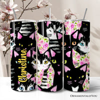 Black Cats Pink Rose Pattern 20oz Personalized Tumbler With Lid and Stainless Steel Straw, Cute Floral Kitty Gift Cup