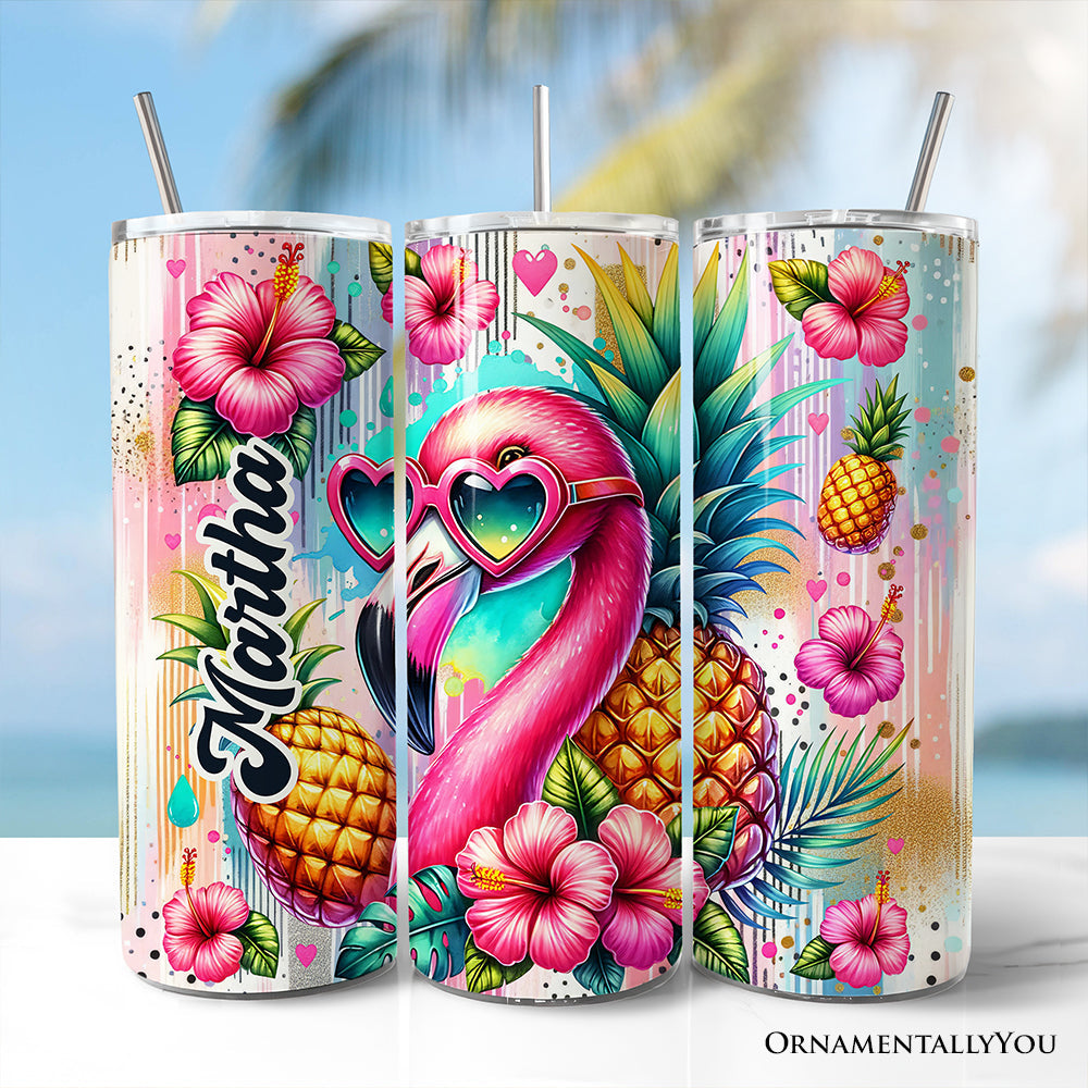 Tropical Flamingo Pineapple Hibiscus 20oz Personalized Tumbler With Lid and Stainless Steel Straw, Colorful Summer Bird Gift Cup