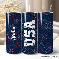 Vintage USA Block Letters 20oz Personalized Tumbler With Lid and Stainless Steel Straw, Patriotic Fireworks for Independence Day Gift Cup