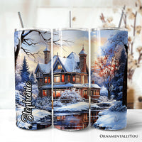 Watercolor Snowy Victorian Mansion Painting 20oz Personalized Tumbler With Lid and Stainless Steel Straw, Cozy Winter Estate Gift Cup
