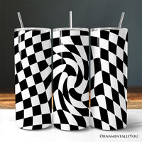 Black and White Checkerboard Swirl 20oz Personalized Tumbler With Lid and Stainless Steel Straw, Retro Optical Illusion Gift Cup