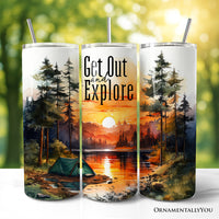 Get Out and Explore 20oz Personalized Tumbler With Lid and Stainless Steel Straw, Forest Camping Adventure Gift Cup