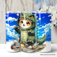 Kawaii Cat Kaiju City Destroyer 20oz Personalized Tumbler With Lid and Stainless Steel Straw, Japanese Anime Gift Cup