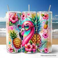Tropical Flamingo Pineapple Hibiscus 20oz Personalized Tumbler With Lid and Stainless Steel Straw, Colorful Summer Bird Gift Cup