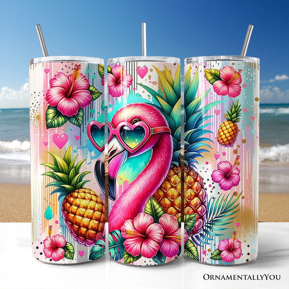 Tropical Flamingo Pineapple Hibiscus 20oz Personalized Tumbler With Lid and Stainless Steel Straw, Colorful Summer Bird Gift Cup