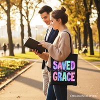 Saved By His Grace Printed Faux Sequin Christian Tote Bag, Religious Love Gift Shopper