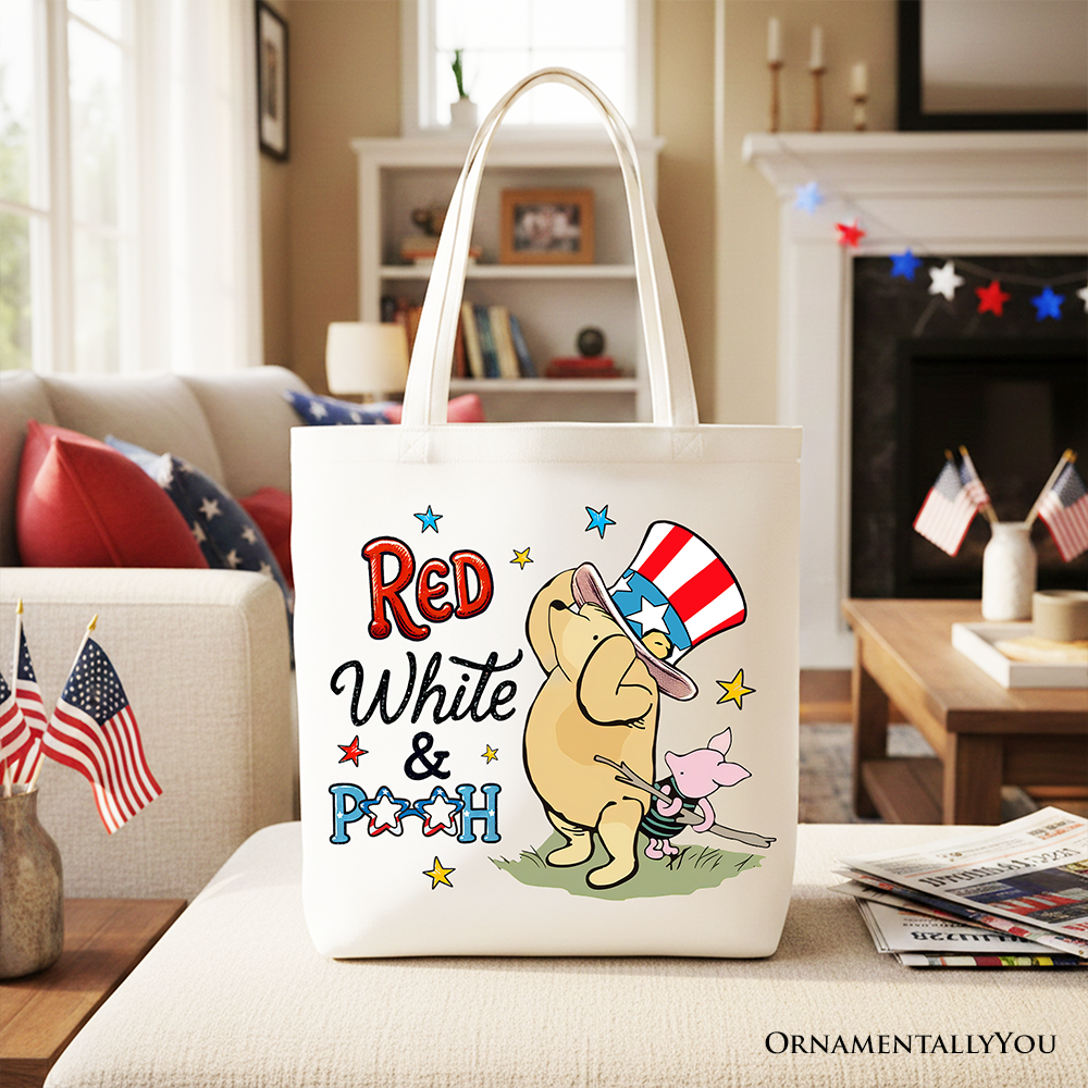 Red White & Proud Winnie-the-Pooh Tote Bag, 1926 A.A. Milne Patriotic 4th of July Gift Shopper
