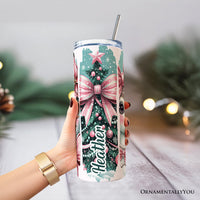 Vintage Tree, Reindeer, Santa and Snowman 20oz Personalized Tumbler With Lid and Stainless Steel Straw, Coquette Pink Christmas Gift Cup