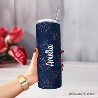 Vintage USA Block Letters 20oz Personalized Tumbler With Lid and Stainless Steel Straw, Patriotic Fireworks for Independence Day Gift Cup