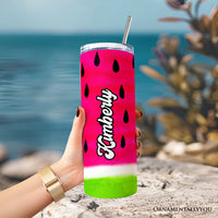Watermelon Slice Pattern 20oz Personalized Tumbler With Lid and Stainless Steel Straw, Fun Summer Fruit Gift Cup