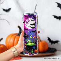 Neon Halloween Witch Scene 20oz Personalized Tumbler With Lid and Stainless Steel Straw, Colorful Spooky Gift Cup