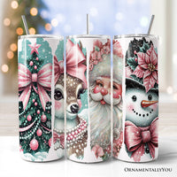 Vintage Tree, Reindeer, Santa and Snowman 20oz Personalized Tumbler With Lid and Stainless Steel Straw, Coquette Pink Christmas Gift Cup