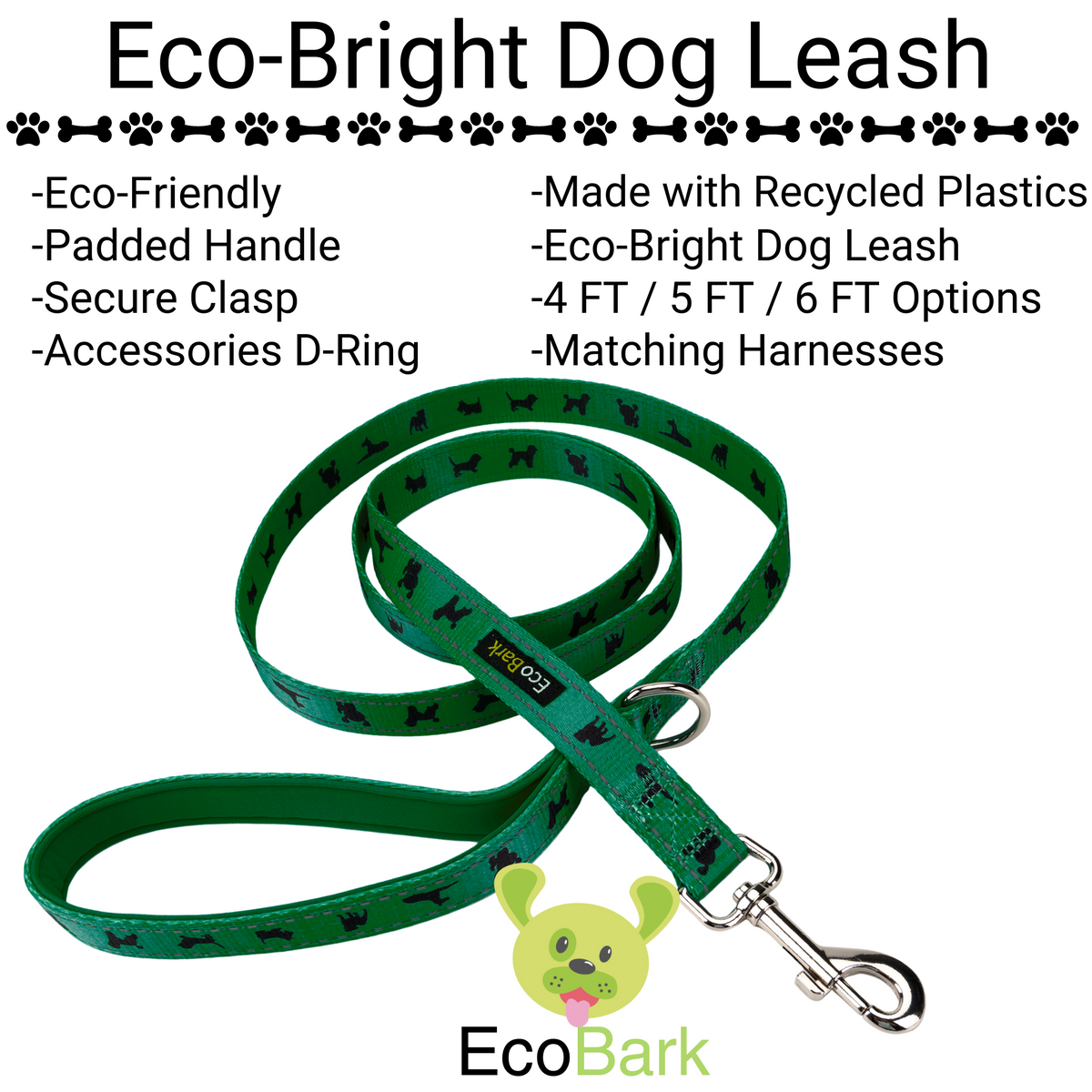 EcoBark Forest Green Dog Leash- Padded Comfort Grip Leash - 4ft, 5ft, and 6ft Leash for Small and Medium Dogs - BIG FRENCHIES