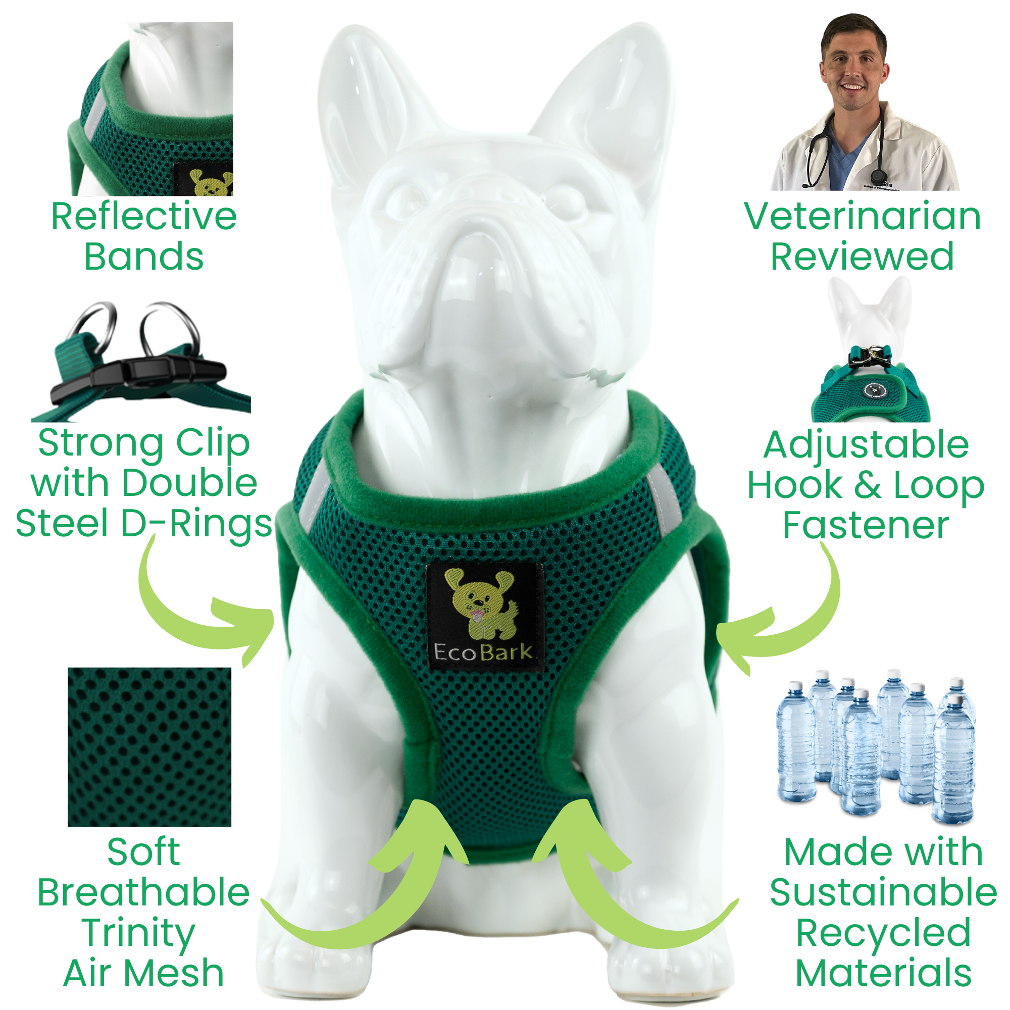 EcoBark Forest Green Step In Dog Harness - Reflective Soft Mesh Harness for Teacup, Small Dogs and Puppies - BIG FRENCHIES