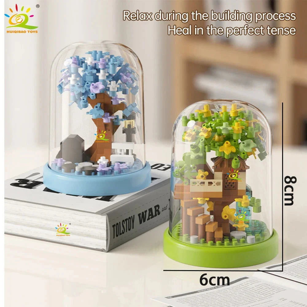 Four Seasons Mini Tree House with Display Box Model Mini Figurines Building Block Puzzles