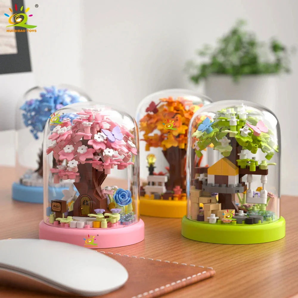 Four Seasons Mini Tree House with Display Box Model Mini Figurines Building Block Puzzles