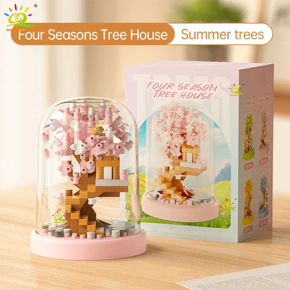 Four Seasons Mini Tree House with Display Box Model Mini Figurines Building Block Puzzles