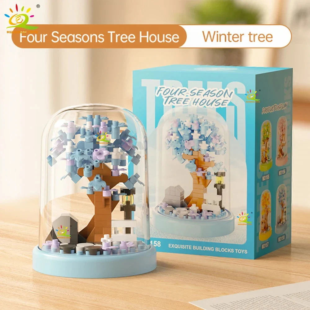 Four Seasons Mini Tree House with Display Box Model Mini Figurines Building Block Puzzles